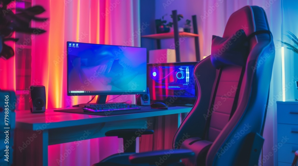 Sleek high-end gaming chair set against a dynamic neon-lit gaming setup Sleek high-end gaming chair set against a dynamic neon-lit gaming setup