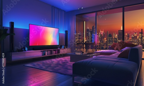 a room with a large television and a large window