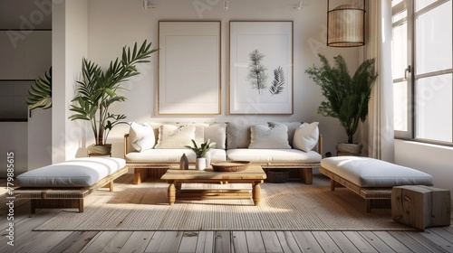 a living room with couches and plants