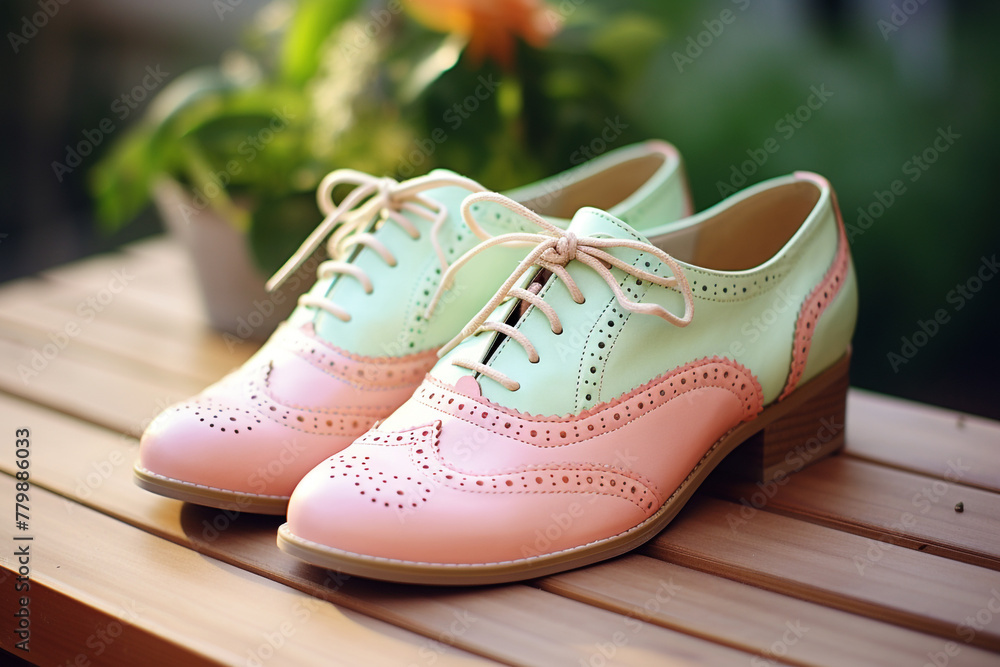 A pair of pastel-colored oxford shoes with intricate brogue detailing on a rustic wooden table.