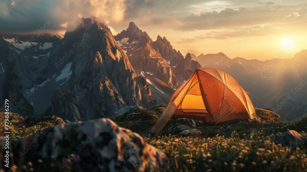 camping at sunset in the mountains with a photograph featuring a tent illuminated by the warm golden light