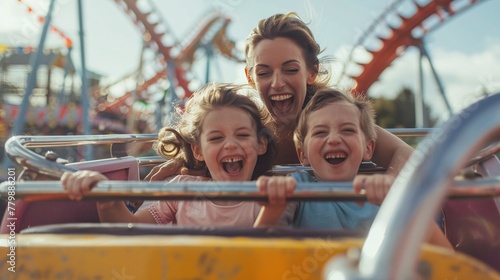a woman and children on a roller coaster