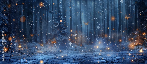 a snow covered ground with butterflies flying in the air