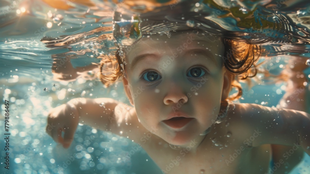 Child swimming underwater with eyes wide open