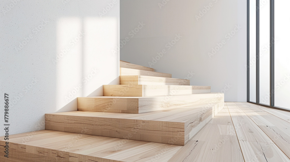Sunlit Minimalistic Wooden Stairs in a Modern Home
