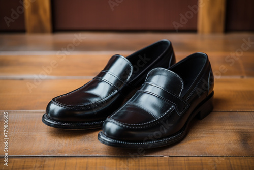A pair of sleek black leather loafers with contrasting white stitching on a wooden surface.