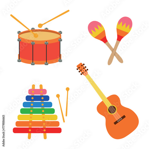 Vector set of baby musical instruments drawn in cartoon style, musical instruments guitar, xylophone, maracas and drum