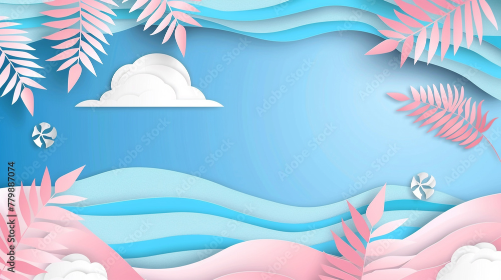 Obraz premium Tropical summer scene background with beach vacation holiday theme with pink waves layer, blue sky and copy space.