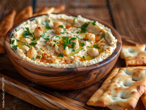 Wooden bowl of hummus served with warm pita bread - Ai Generated