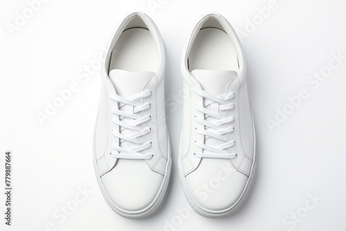 A pair of sleek white leather sneakers with a minimalist design, on a pristine white background.