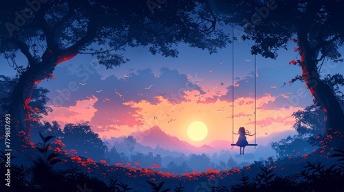 In this modern illustration, a girl swinging on a swing rejoices at the big moon in a bright blue landscape of nature and vacation photo