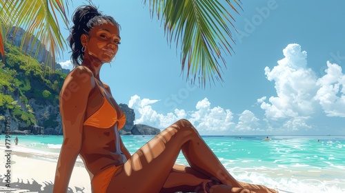 On a summer vacation in the tropics, a girl poses for a picture on the beach under a palm tree while sunbathing