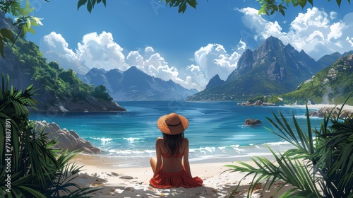 Illustration of a beautiful girl vacationing close to the ocean with mountains, blue sky, and tropical plants in her summer dress and panama