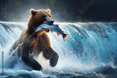 bear is swimming in a river with a fish in its mouth photo