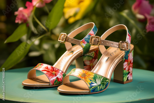 A pair of strappy sandals adorned with colorful floral patterns, against a vibrant summer backdrop.