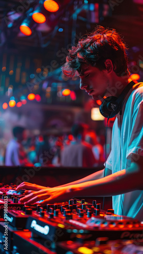 young male DJ at the mixing console, nightclub in the background, boy, man, musician, dancing, disco, party, neon, guy, fun, person, people, audio, vinyl, turntable