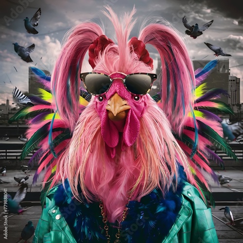 a pink rooster in sunglasses has hair and pigtails, in the style of exotic birds, photobashing, stanley pinker, luminous hues, pigeoncore, avacadopunk. photo