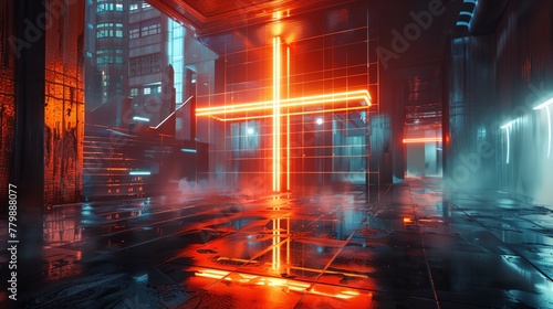 a cross is lit up in the dark