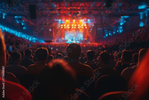 Back view of a crowd with vibrant stage lights at a live concert, depicting entertainment and music enjoyment.
