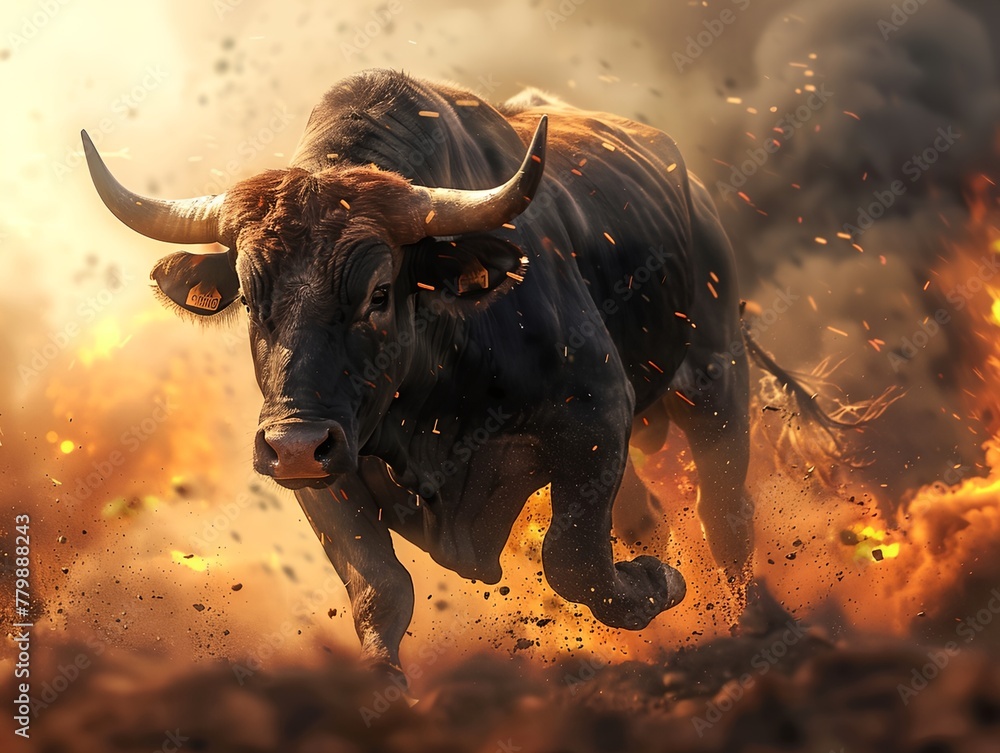 Bull running through a dusty field, exuding strength and vitality ...