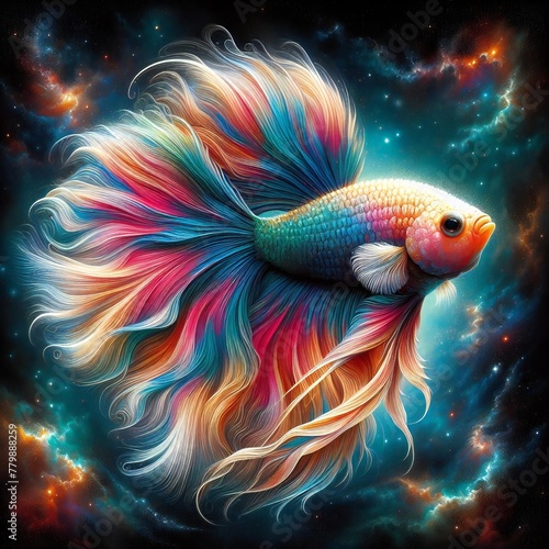 A colorful fish with long tail is swimming in a dark blue background