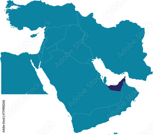 Purple detailed blank political map of UNITED ARAB EMIRATES with white borders on transparent background using orthographic projection of the marine blue Middle East