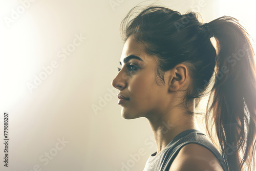 Side portrait of a young indian woman with a ponytail, with a serious expression looking forward, against a neutral background
