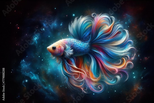 A colorful fish with long tail is swimming in a dark background with stars