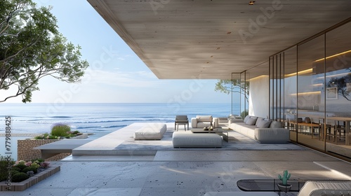 A large open living room with a view of the ocean