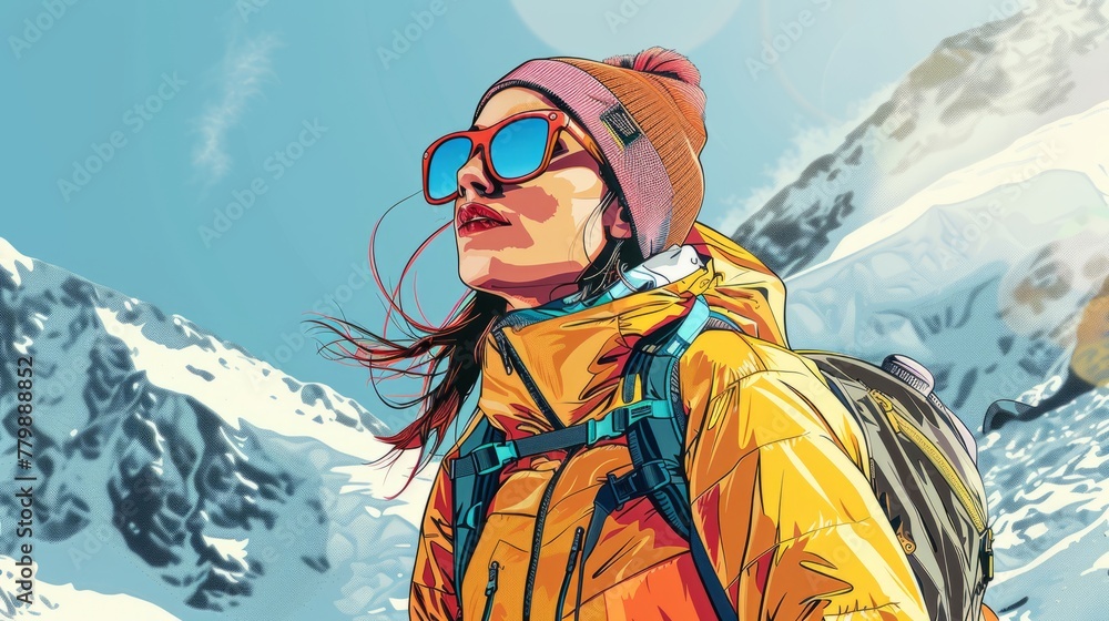 Φωτογραφία Portrait of mountaineer, alpinist, hiker, climber in comic style illustration
