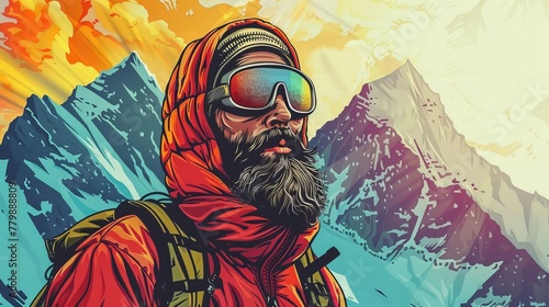 Portrait of mountaineer  alpinist  hiker  climber in comic style illustration.
