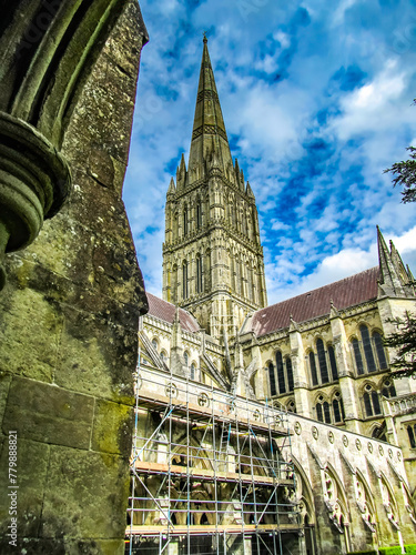 Spire of Salisbury Cathedral with blue sky