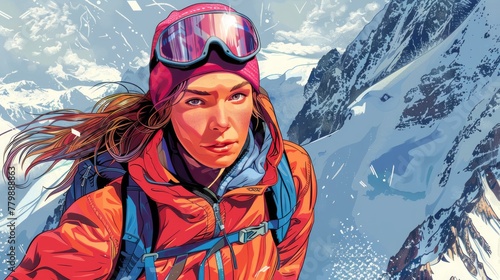 Portrait of mountaineer, alpinist, hiker, climber in comic style illustration.