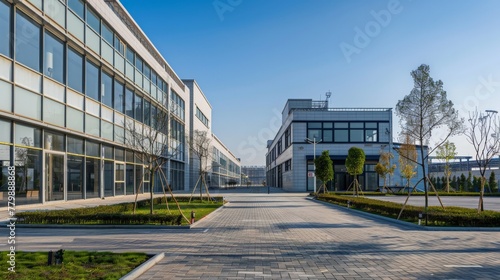 A view of the factory from the outside. The factory is a large, modern building. The windows are clean, and the grounds are well-maintained. The factory is located in a business park