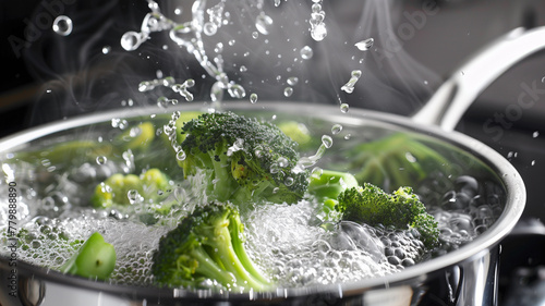 a pot of broccoli top view on a black background.  the concept of healthy food. dietary nutrition