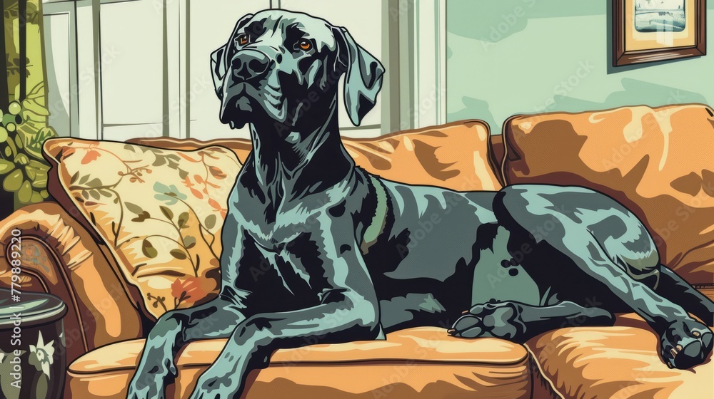 Portrait of great dane dog in living room. Comic style illustration. - obrazy, fototapety, plakaty 