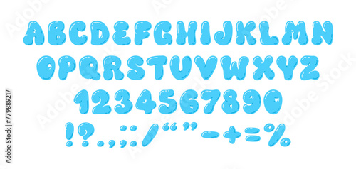 Playful blue bubble font and numbers from 0 to 9. Graffiti. Psychedelic alphabet. Y2K trendy style. 3D, bubble gum, balloon. Plump digits and letters, punctuation marks. Childish preschool