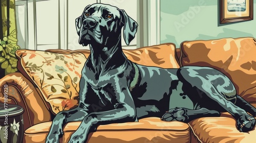 Portrait of great dane dog in living room. Comic style illustration.