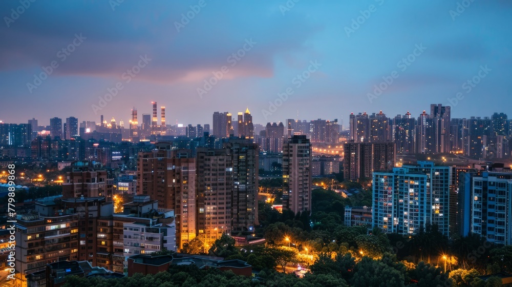 A view of the apartment from the balcony. The balcony overlooks a city skyline. The city skyline is lit up at night, and it is a beautiful sight.