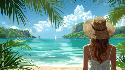 Summer flat illustration of a girl in a hat on vacation on the beach against the backdrop of a mountain landscape. Summer or luxury vacation flat illustration.