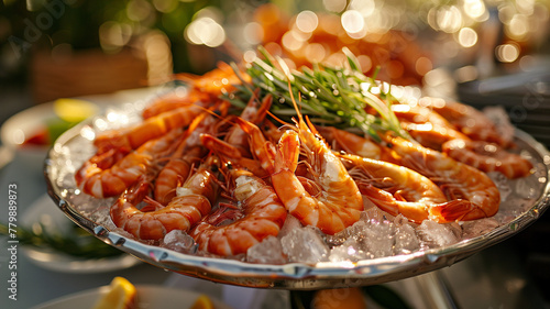 shrimp on ice. Catering with shrimp. Seafood outdoors photo