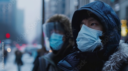 a man wearing a face mask walking down a street