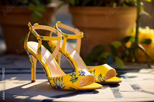 A pair of vibrant yellow slingback heels with a playful floral print, on a sunlit patio. photo