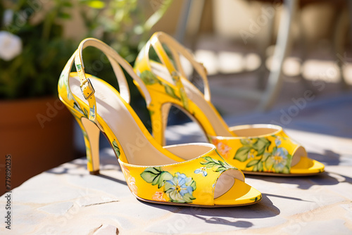A pair of vibrant yellow slingback heels with a playful floral print, on a sunlit patio. photo