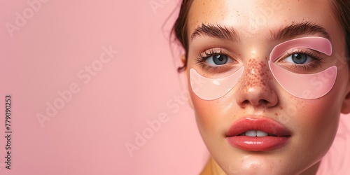 Woman with eye patches on pink background