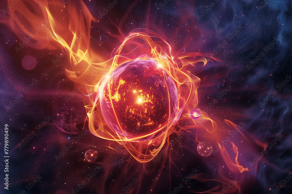 Abstract background with burning nuclear atom, glowing flames and energy flow in space, Generative AI