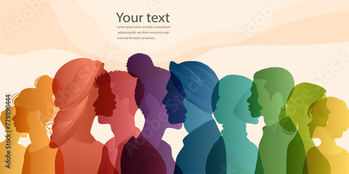 Group diversity silhouette multicultural people from the side. Community of colleagues or collaborators. Concept of bargain agreement or pact. Collaborators. Co-workers. Harmony. Banner