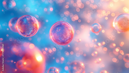 abstract bubbles on a blue background with pink and orange lights, macro photography in high resolution with high detail in the style of hyper realistic, Generative AI