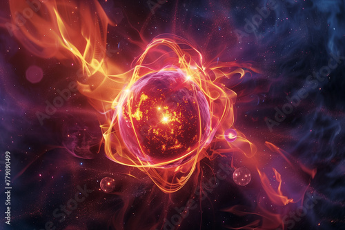 Abstract background with burning nuclear atom, glowing flames and energy flow in space, Generative AI