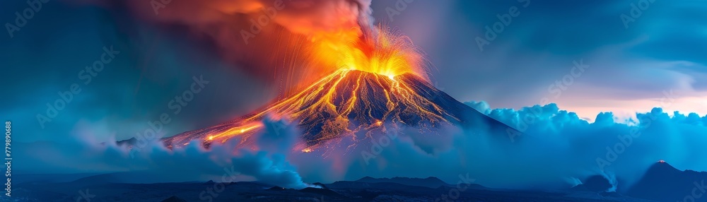 Volcanic eruption captured at night fiery spectacle